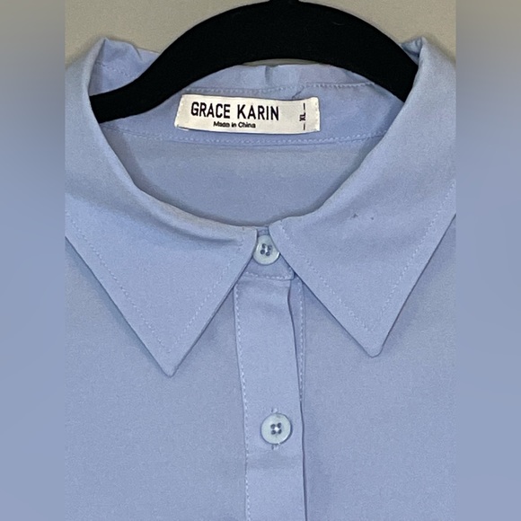 Grace Karin Ruched & Puffed Sleeved Button Down - Baby Blue - XLarge - Picture 4 of 4